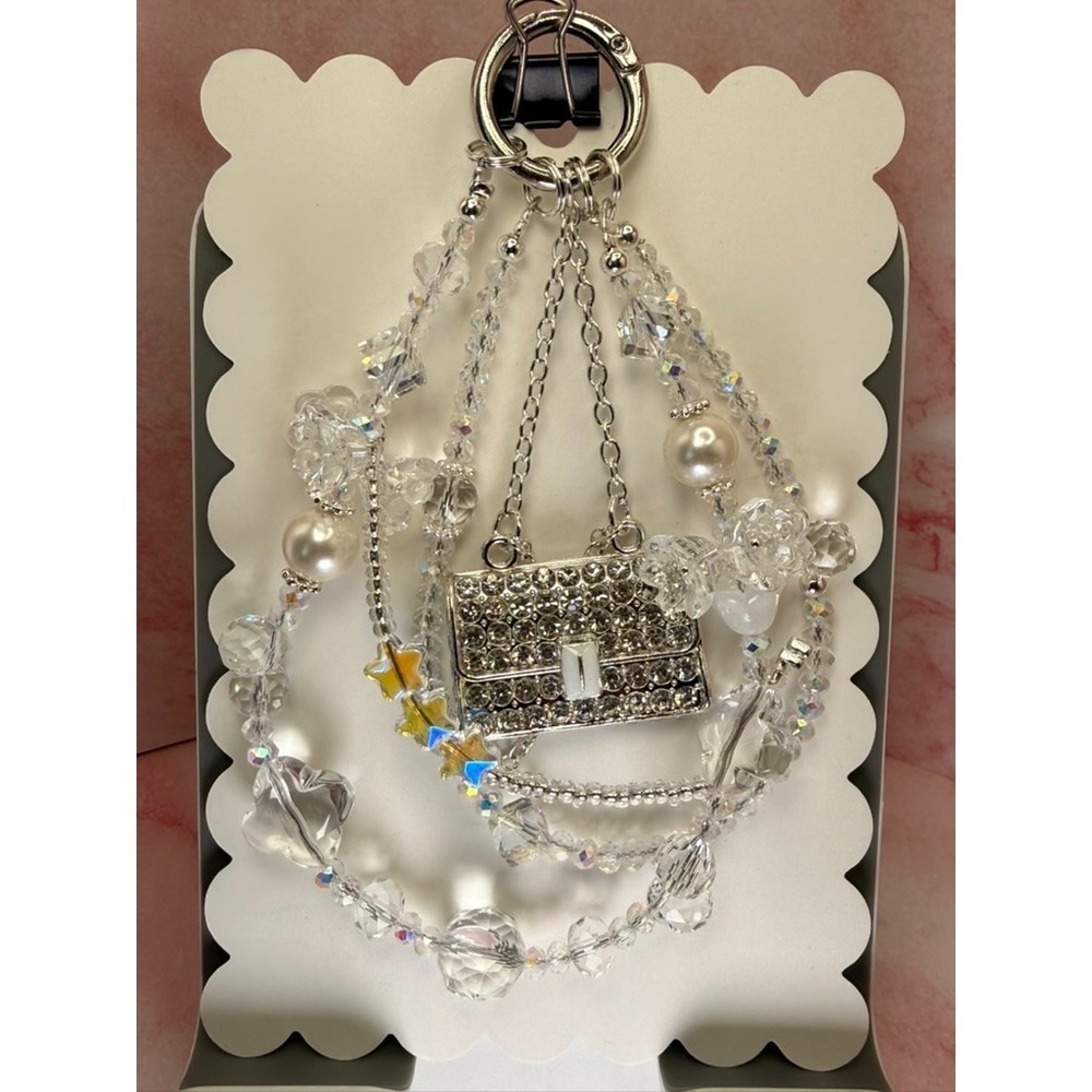 Handbag Silver Clear Beaded Phone Wristlet Crystal Bag Charm Keychain Handmade